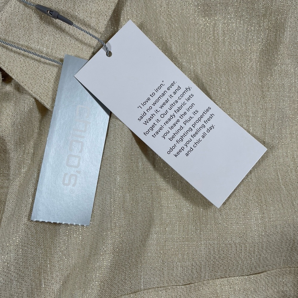 NWT Chico's No-Iron Linen Metallic Shirt Womens 3 (16) Gold Sand 3/4 Sleeve - Picture 10 of 10